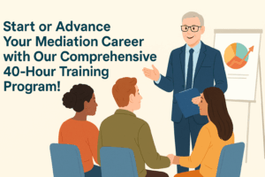 A modern, flat-style digital illustration promoting a 40-hour mediation training program. On the left, bold teal text reads "Start or Advance Your Mediation Career with Our Comprehensive 40-Hour Training Program!" On the right, a silver-haired instructor in a blue suit is engaging with a diverse group of three attendees seated in front of him, with a flip chart displaying a growth chart behind him. The image conveys professional development, learning, and growth in mediation skills.